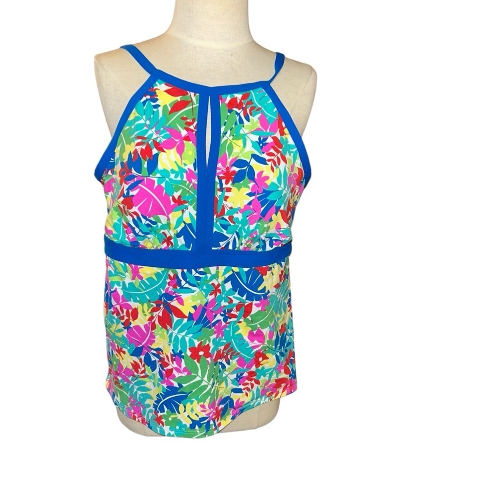 Lands’ end Keyhole High Neck Modest Tankini Top FRESH BOREAL BLUE/LEAF FLORAL 14